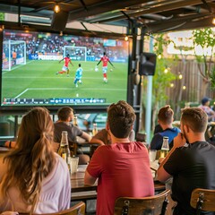 Friends watch sport tv in the pub. Soccer or football fans High quality AI generated image