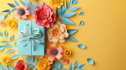 Obraz premium An artistic postcard featuring vibrant paper flowers swirling around a light blue gift box against a pastel yellow background