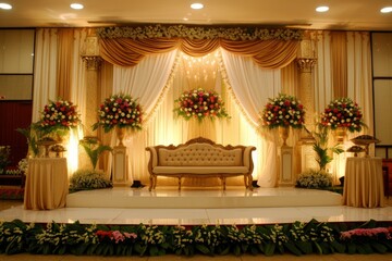wedding stage decoration. stage decoration for wedding. wedding ceremonies decoration. wedding hall decoration. elegant wedding stage with flowers. wedding stage decoration gold theme.