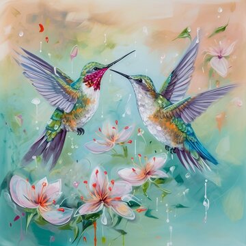 Peinture vibrante dans un style artistique, repr&eacute;sentant deux colibris en vol, entour&eacute;s de fleurs &eacute;panouies. aux plumes d&eacute;taill&eacute;es, semblent interagir, arri&egrave;re-plan aux teintes douces, s&eacute;r&eacute;nit&eacute; 