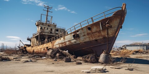 Abandoned and rusted ship on shore