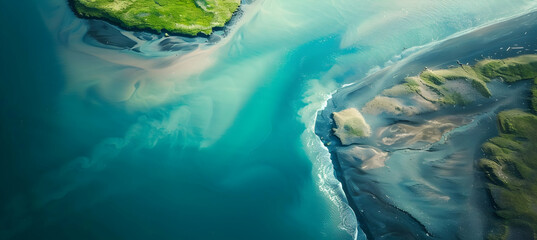 Vibrant aerial shot of a river estuary merging into the sea, highlighting the distinct coloration where fresh water meets saltwater