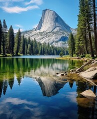Majestic mountain peak reflecting in serene lake