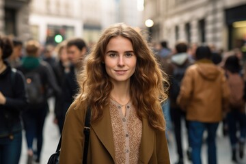 young woman with curly hair in city street