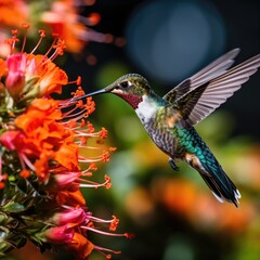 Hummingbird feeding on vibrant orange flowers