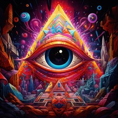 Surreal cosmic landscape with giant eye