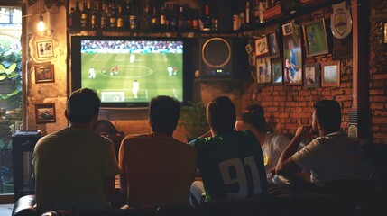Friends watch sport tv in the pub. Soccer or football fans High quality AI generated image - Powered by Adobe