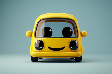 Yellow car cartoon, funny car face character, smiles icons, illustration.