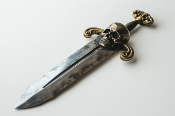 A pirate sword with a skull-shaped pommel, placed on a pristine white surface.