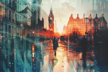 ethereal london cityscape double exposure minimalist collage illustration abstract backgrounds