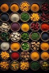 Assortment of colorful spices and herbs in wooden bowls