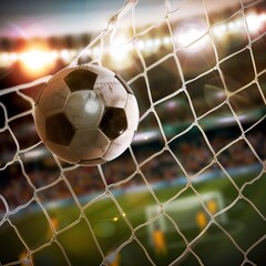 Soccer ball in goal and goal net, football High quality AI generated image
