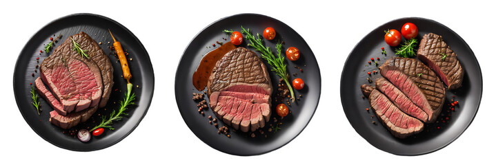 A plate of beef steak meal with vegetables on transparent background