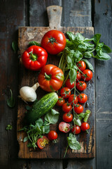 Rustic wooden cutting board with fresh vegetables