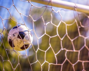 Soccer ball in goal and goal net, football High quality AI generated image