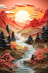 Vibrant paper cut landscape with mountains, trees, and a flowing river