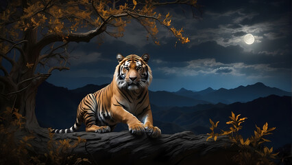 tiger in the night - obrazy, fototapety, plakaty