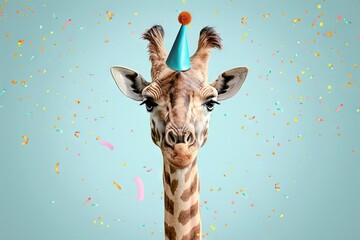 giraffe face closeup with party hat humorous animal portrait digital illustration