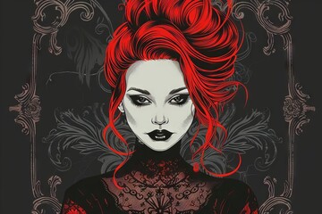 glamorous gothic vampire woman with vibrant red hair in a vintagestyle vector illustration