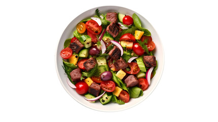 Fresh green vegetable salad with lettuce, tomatoes, cucumber, avocado, meat in a plate isolated on transparent background, top view.  Healthy diet food.