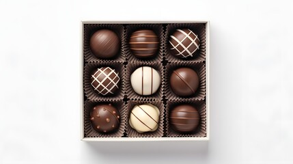Gift craft box with chocolate candies isolated on white background, top view.