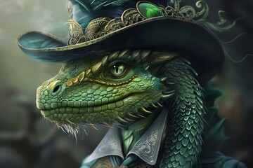 green dragon in top hat fantasy creature portrait digital art