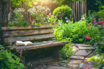 Rustic wooden bench in a garden with a book