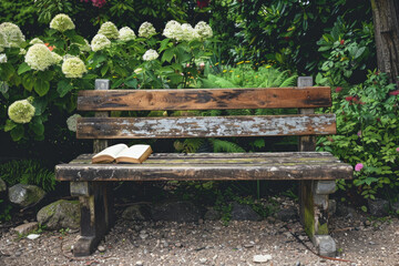 Rustic wooden bench in a garden with a book