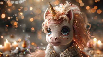 Whimsical unicorn character with festive background