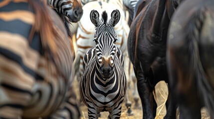 A portrait of a zebra animal that stands out from the pack heard about horses in