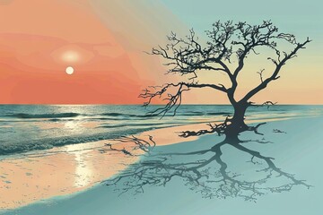 lonely beach at sunset with withered tree casting forlorn shadow depression concept illustration