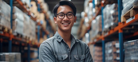 Within the storage space, a portrait captures the smile of an Asian male warehouse worker.
