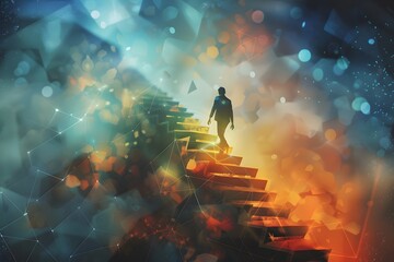 A person is walking up a staircase in a colorful, abstract background. Concept of adventure and exploration, as the person is ascending the steps towards an unknown destination
