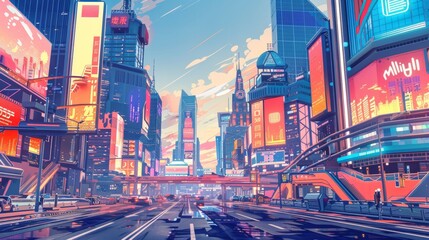 A vibrant illustration of a futuristic cityscape with Midjourney AI's logo prominently displayed on a billboard.