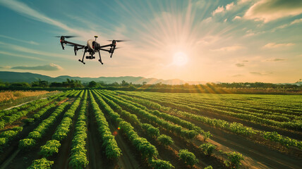 drone, green field in the morning
