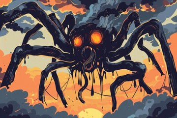 melting spider ghost monster bulging eyes and lolling tongue eerie clouds and sunset background horror creature concept illustration