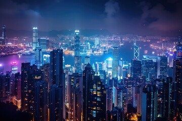 A city skyline at night with the lights of the buildings shining brightly