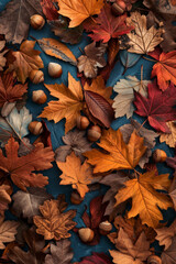 Pile of vibrant autumn leaves with acorns scattered