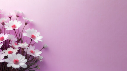 Floral composition with daisies flowers on lavender color background, flat lay.  Wide copy space. Minimalist style.