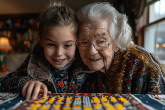 Upper body shot of a grandma and granddaughter concentrating while playing a desk game. AI generated. - Powered by Adobe