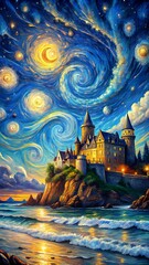 a castle is painted with a castle and the stars.