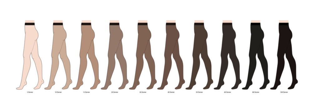 Set of different Den Denier Opaques Tights Pantyhose on legs. Fashion accessory clothing technical illustration stocking. Vector side view for Men, women unisex style, flat template CAD mockup sketch