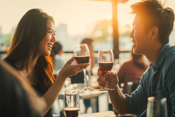Asian Beautiful loving couple is spending time together for dinner in restaurant. Celebrating Valentine's Day