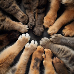 cat assembly, the paws of several cats united in a circle, all together, of various colors, in a...