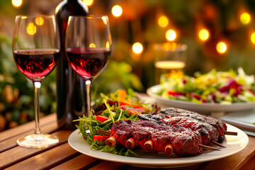 Backyard dinner table have a tasty grilled BBQ meat, Salads and wine with happy joyful people on background