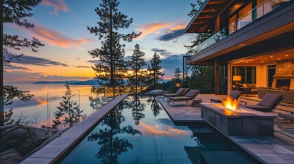 There is a modern house with a large terrace with an infinity pool overlooking a lake. The sky is...