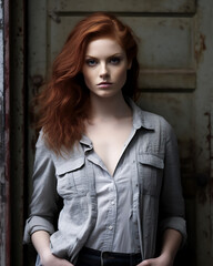 Naklejka premium Against an old, weathered door, a figure in a grey button-down shirt and dark pants stands out, their red hair adding a vibrant contrast