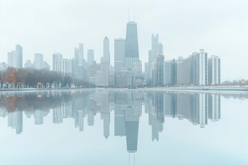 Fototapeta premium City skyline reflected in a surreal, mirrored ocean