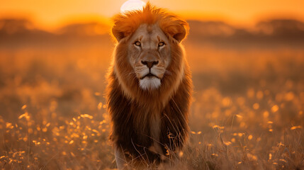Majestic Lion Basking in the Golden Light of Sunset on the Savannah