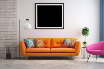 Poster mockup in modern pop art living room interior with sofa. Frame mock up